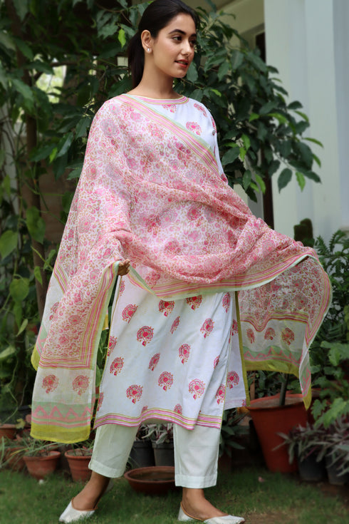 Cambric Cotton Kurta In Floral Block Print